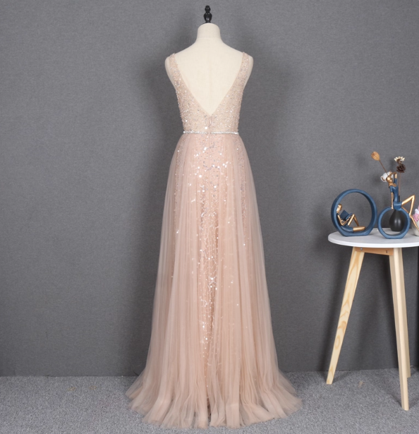 Dreamy Princess A-line V-neck Train Sequin Tulle Prom Dress Evening Dress P4551