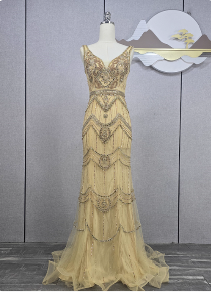 Vintage Champagnergold Meerjungfrau V-Ausschnitt Perlen Bestickter Tüll Langes Ballkleid Abendkleid P4552