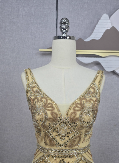 Vintage Champagnergold Meerjungfrau V-Ausschnitt Perlen Bestickter Tüll Langes Ballkleid Abendkleid P4552