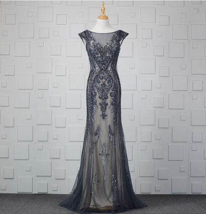 Vintage Farbverlauf Grau-Blau Meerjungfrau Rundhals Perlen Pailletten Tüll Langes Ballkleid Abendkleid P4553