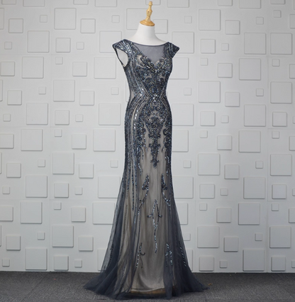 Vintage Farbverlauf Grau-Blau Meerjungfrau Rundhals Perlen Pailletten Tüll Langes Ballkleid Abendkleid P4553