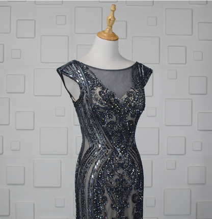 Vintage Farbverlauf Grau-Blau Meerjungfrau Rundhals Perlen Pailletten Tüll Langes Ballkleid Abendkleid P4553