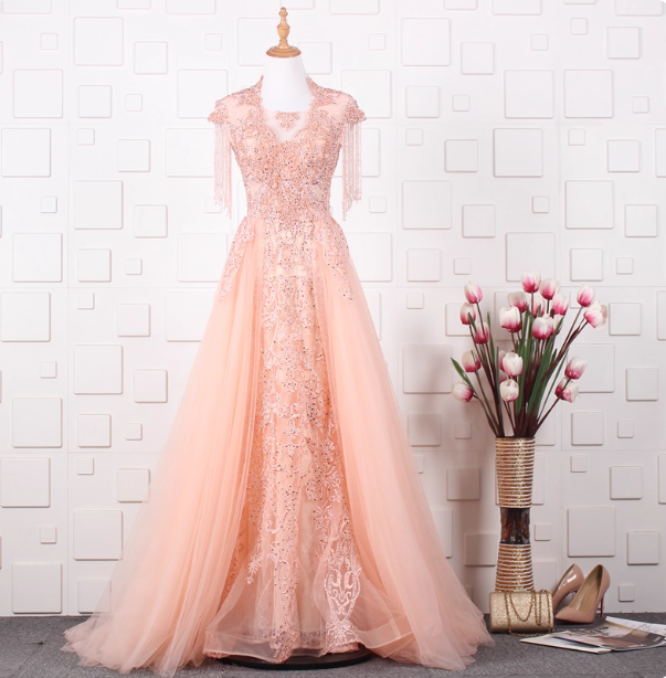 Elegant Court Grey Fringed Beaded Embroidered Tulle Train Prom Dress Evening Dress P4554