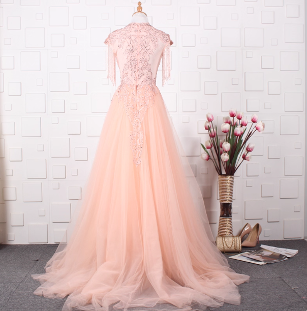 Elegant Court Grey Fringed Beaded Embroidered Tulle Train Prom Dress Evening Dress P4554