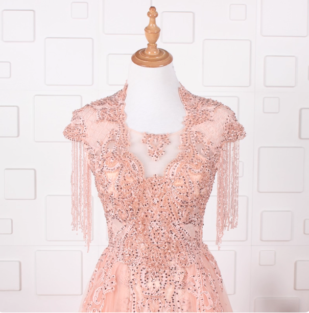 Elegant Court Grey Fringed Beaded Embroidered Tulle Train Prom Dress Evening Dress P4554