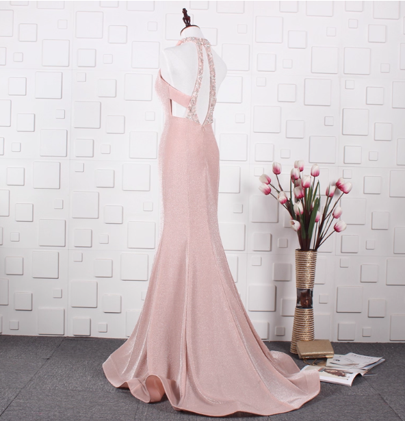 Elegant Pink Mermaid Halter V-neck Satin Train Prom Dress Evening Dress P4555