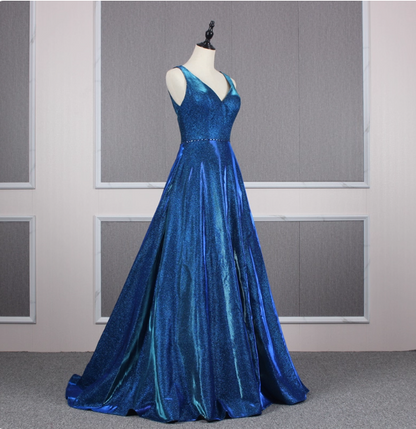 Wunderschönes königsblaues A-Linien-Ballkleid mit V-Ausschnitt, rückenfrei, Satinschleppe, Abendkleid P4557