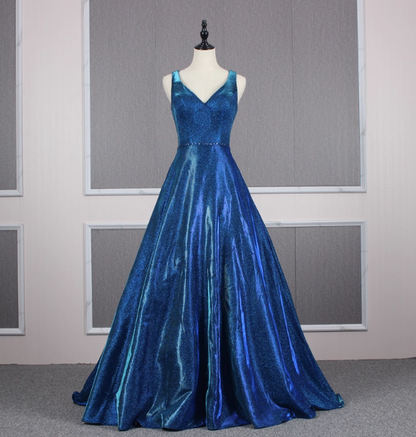 Wunderschönes königsblaues A-Linien-Ballkleid mit V-Ausschnitt, rückenfrei, Satinschleppe, Abendkleid P4557