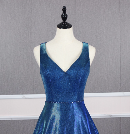 Wunderschönes königsblaues A-Linien-Ballkleid mit V-Ausschnitt, rückenfrei, Satinschleppe, Abendkleid P4557
