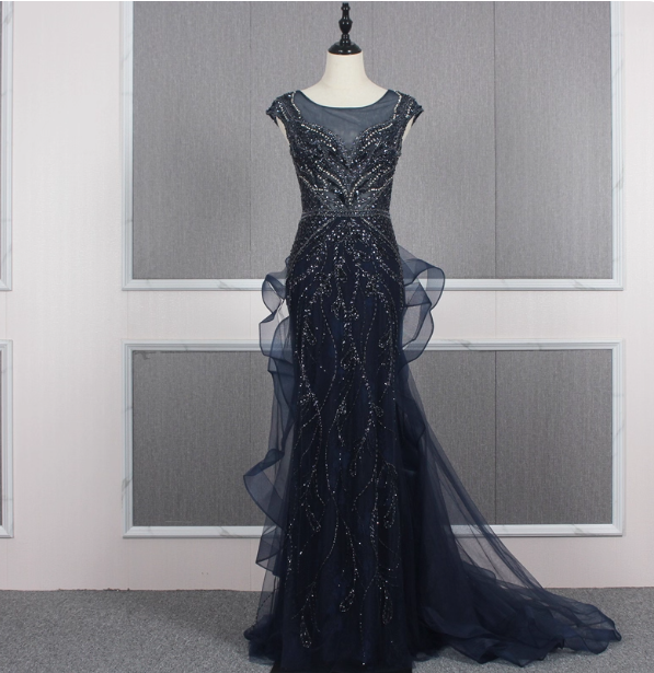 Vintage Navy Blue Mermaid Crew Neck Beaded Tulle Train Prom Dress Evening Dress P4558