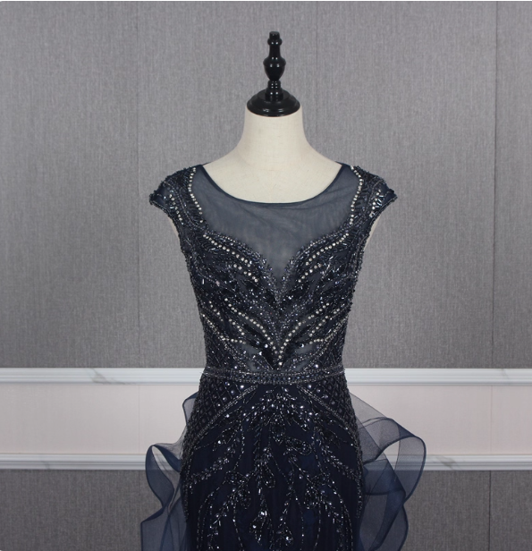 Vintage Navy Blue Mermaid Crew Neck Beaded Tulle Train Prom Dress Evening Dress P4558