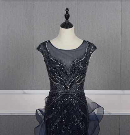 Vintage Marineblaues Meerjungfrau Brautkleid Rundhals Perlen Tüll Schleppe Ballkleid Abendkleid P4558