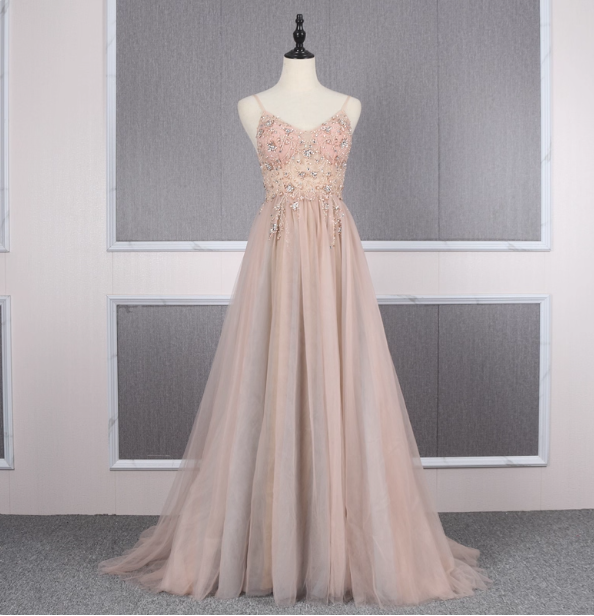 Sweet Pink A-line Spaghetti Strap V-neck Beaded Tulle Train Prom Dress Evening Dress P4559