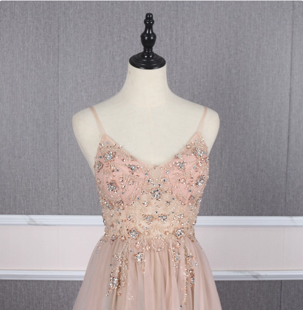 Sweet Pink A-line Spaghetti Strap V-neck Beaded Tulle Train Prom Dress Evening Dress P4559