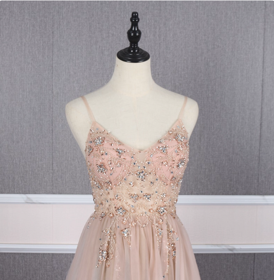 Sweet Pink A-line Spaghetti Strap V-neck Beaded Tulle Train Prom Dress Evening Dress P4559