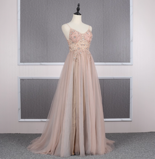 Sweet Pink A-line Spaghetti Strap V-neck Beaded Tulle Train Prom Dress Evening Dress P4559