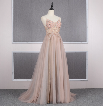 Süßes rosa A-Linien-Spaghettiträger-V-Ausschnitt-Perlen-Tüll-Schleppe Ballkleid Abendkleid P4559