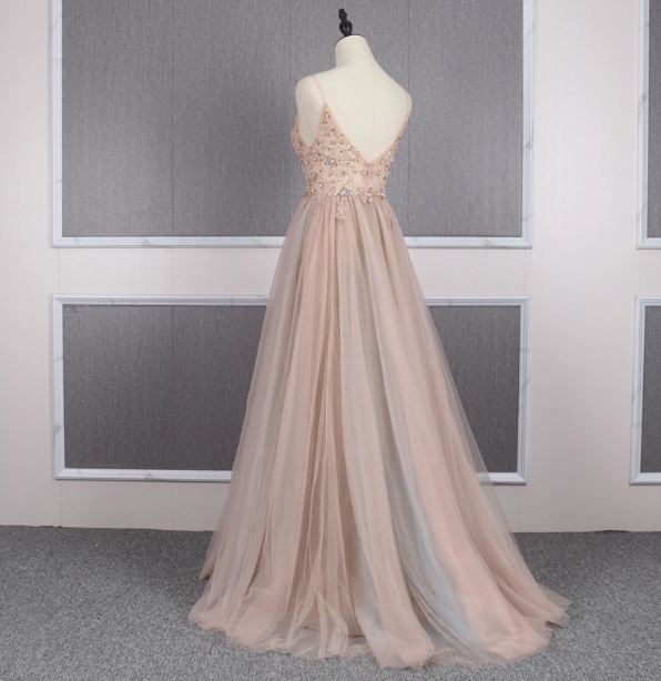 Sweet Pink A-line Spaghetti Strap V-neck Beaded Tulle Train Prom Dress Evening Dress P4559