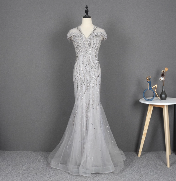 Sparkly Light Grey Mermaid V-neck Beaded Tulle Train Prom Dress Evening Dress P4560