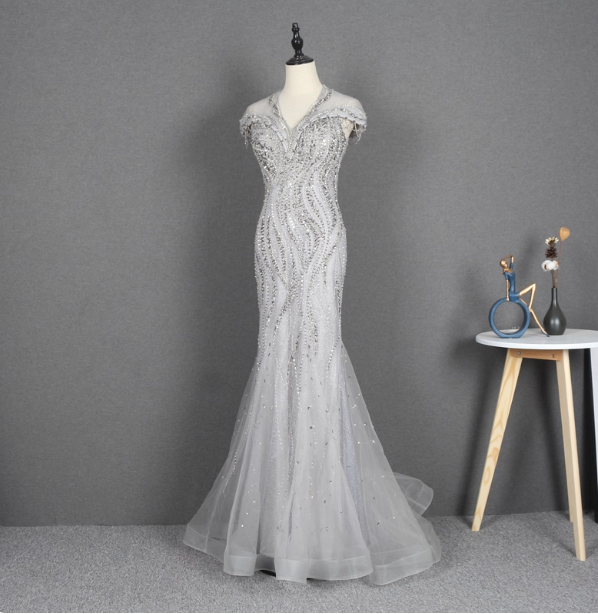 Sparkly Light Grey Mermaid V-neck Beaded Tulle Train Prom Dress Evening Dress P4560