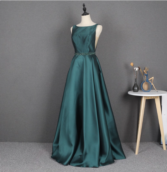 Elegant Dark Green A-line Sleeveless Rhinestone Satin Long Prom Dress Evening Dress P4561