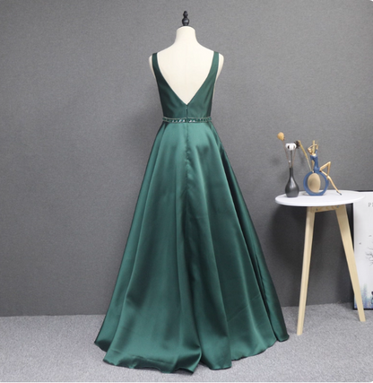 Elegantes dunkelgrünes ärmelloses A-Linien-Ballkleid aus Satin mit Strasssteinen, langes Abendkleid P4561