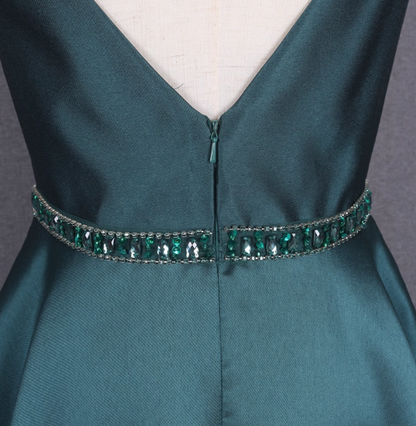 Elegantes dunkelgrünes ärmelloses A-Linien-Ballkleid aus Satin mit Strasssteinen, langes Abendkleid P4561