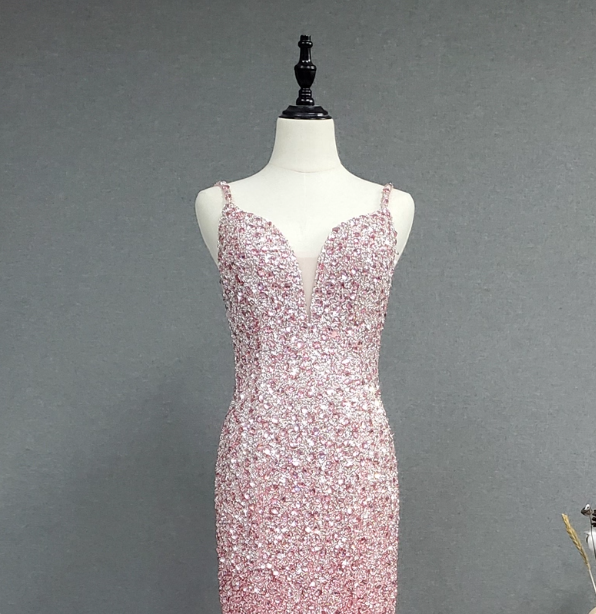 Elegant Pink Mermaid V-neck Spaghetti Strap Full Rhinestone Slit Tulle Train Prom Dress Evening Dress P4562