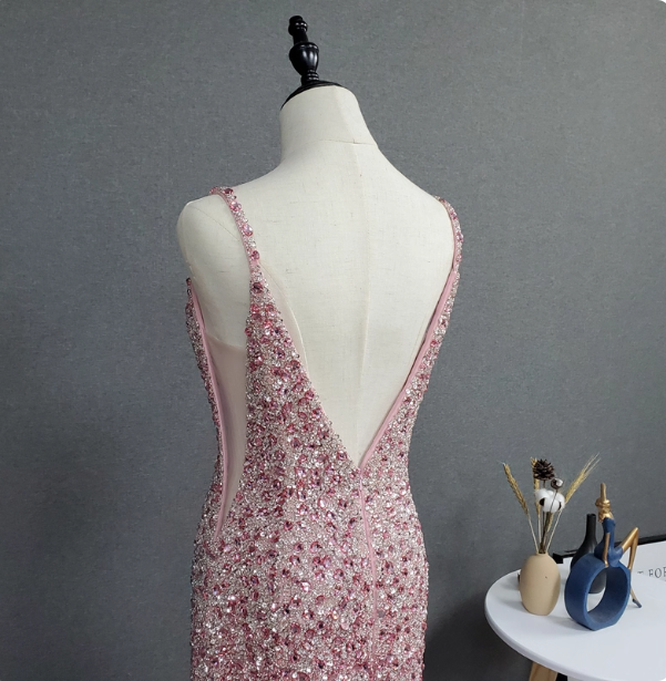 Elegant Pink Mermaid V-neck Spaghetti Strap Full Rhinestone Slit Tulle Train Prom Dress Evening Dress P4562