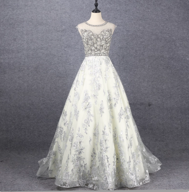 Gorgeous Off-white Crew Neck Beaded Embroidered Tulle Long Prom Dress Evening Dress P4563
