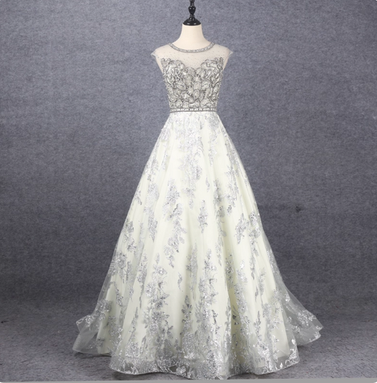 Gorgeous Off-white Crew Neck Beaded Embroidered Tulle Long Prom Dress Evening Dress P4563
