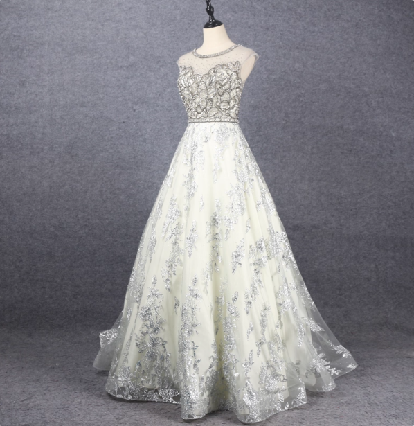 Gorgeous Off-white Crew Neck Beaded Embroidered Tulle Long Prom Dress Evening Dress P4563