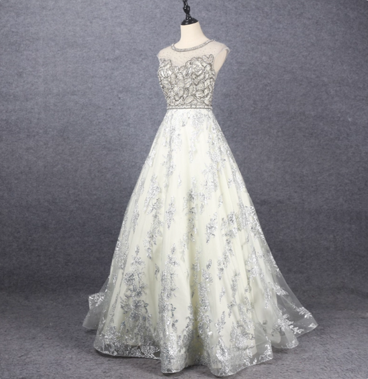 Gorgeous Off-white Crew Neck Beaded Embroidered Tulle Long Prom Dress Evening Dress P4563