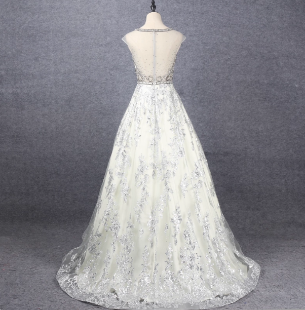 Gorgeous Off-white Crew Neck Beaded Embroidered Tulle Long Prom Dress Evening Dress P4563