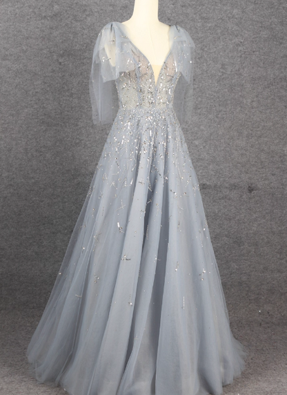 Elegantes rauchblaues, tief dekolletiertes Pailletten-Tüll-langes Ballkleid Abendkleid Brautjungfernkleid P4564