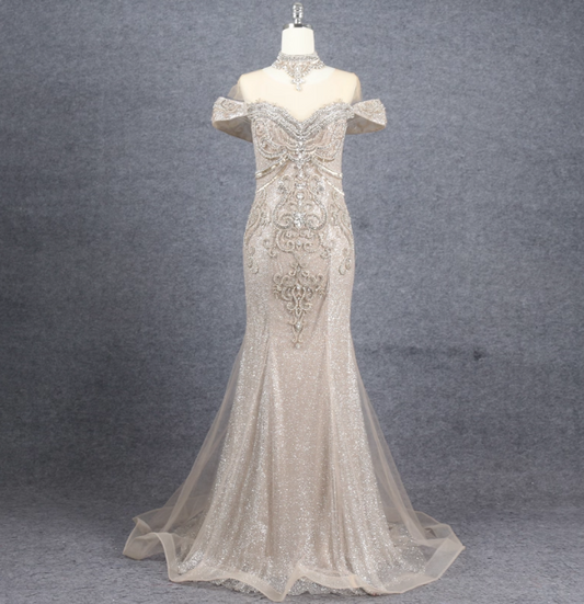 Luxurious Champagne Gold Mermaid Off-the-shoulder Beaded Tulle Long Prom Dress Evening Dress P4565