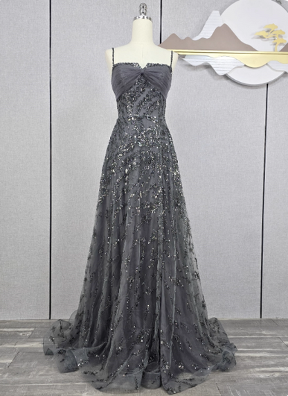 Elegantes dunkelgraues A-Linien-Spaghetti-Träger Pailletten-Tüll langes Ballkleid Abendkleid P4566