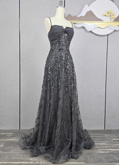 Elegantes dunkelgraues A-Linien-Spaghetti-Träger Pailletten-Tüll langes Ballkleid Abendkleid P4566