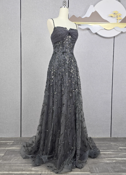 Elegant Dark Grey A-line Spaghetti Strap Sequin Tulle Long Prom Dress Evening Dress P4566