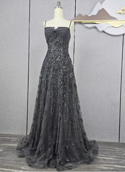 Elegantes dunkelgraues A-Linien-Spaghetti-Träger Pailletten-Tüll langes Ballkleid Abendkleid P4566