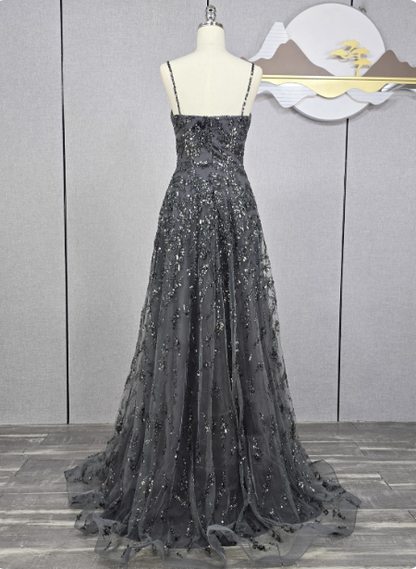 Elegantes dunkelgraues A-Linien-Spaghetti-Träger Pailletten-Tüll langes Ballkleid Abendkleid P4566