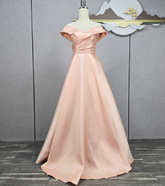 Elegant Pink A-line Off-the-shoulder Satin Long Prom Dress Evening Dress Bridesmaid Dress P4567