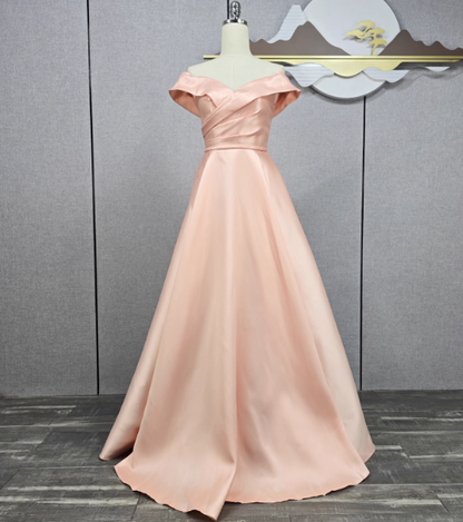Elegantes rosa A-Linie Off-Shoulder Satin langes Ballkleid Abendkleid Brautjungfernkleid P4567