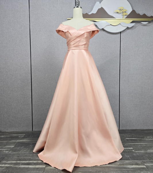 Elegant Pink A-line Off-the-shoulder Satin Long Prom Dress Evening Dress Bridesmaid Dress P4567