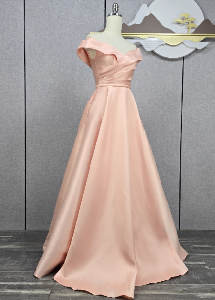 Elegant Pink A-line Off-the-shoulder Satin Long Prom Dress Evening Dress Bridesmaid Dress P4567