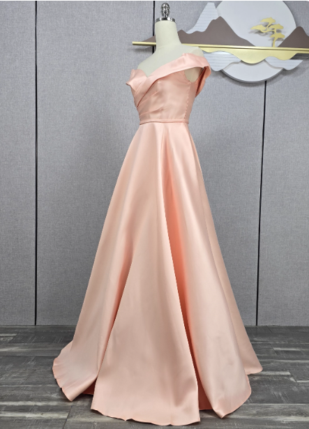 Elegant Pink A-line Off-the-shoulder Satin Long Prom Dress Evening Dress Bridesmaid Dress P4567