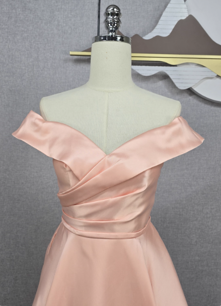 Elegant Pink A-line Off-the-shoulder Satin Long Prom Dress Evening Dress Bridesmaid Dress P4567