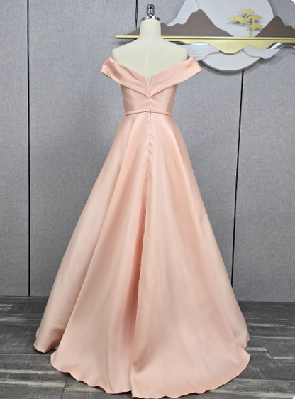 Elegantes rosa A-Linie Off-Shoulder Satin langes Ballkleid Abendkleid Brautjungfernkleid P4567