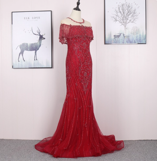 Bright Red Mermaid Crew Neck Beaded Tulle Train Prom Dress Evening Dress P4569