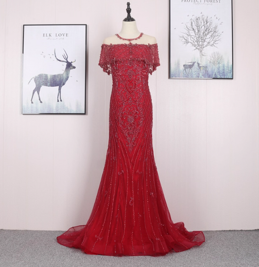 Bright Red Mermaid Crew Neck Beaded Tulle Train Prom Dress Evening Dress P4569